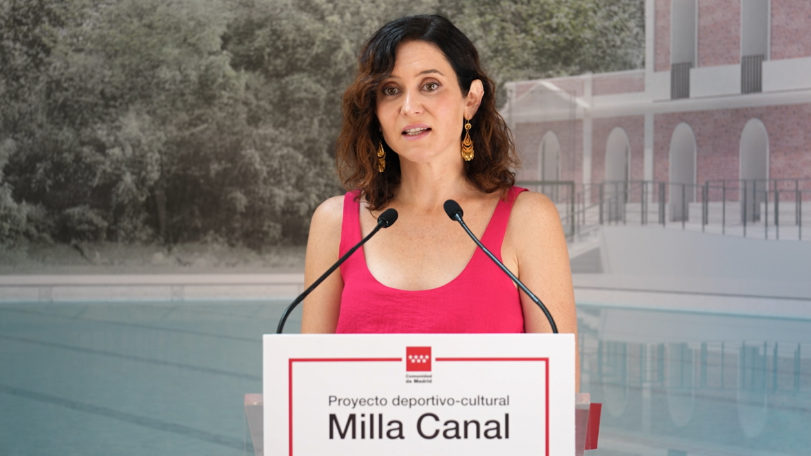 La presidenta Isabel Díaz Ayuso durante la presentación de Milla Canal